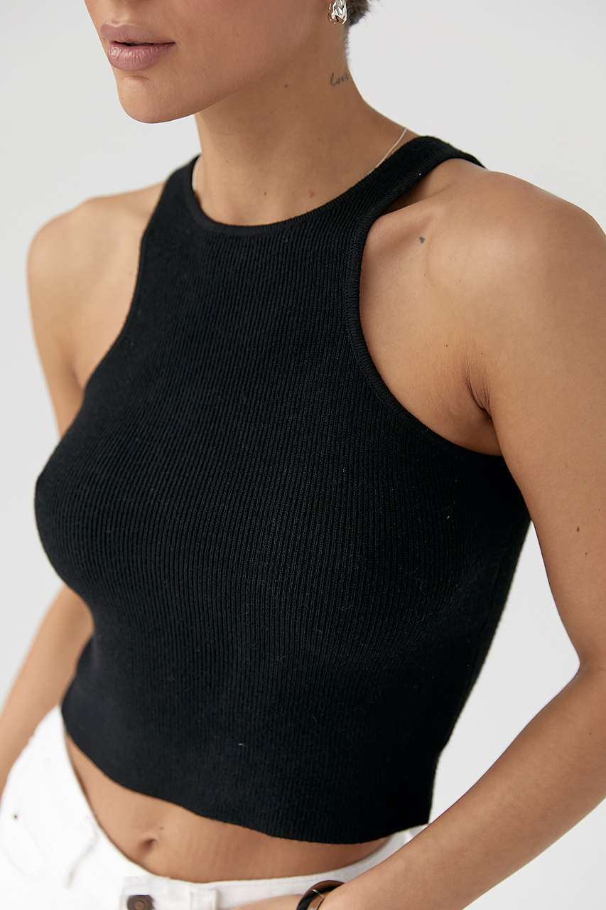 В'язана коротка майка в рубчик - чорний колір, ONE SIZE 2