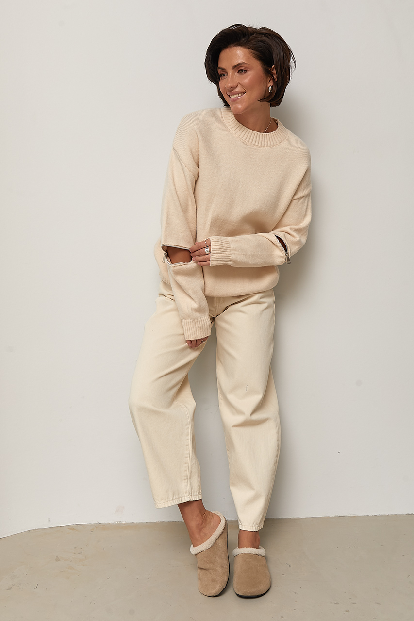 Джемпер oversize з декоративними блискавками на рукавах - бежевий колір, ONE SIZE 3