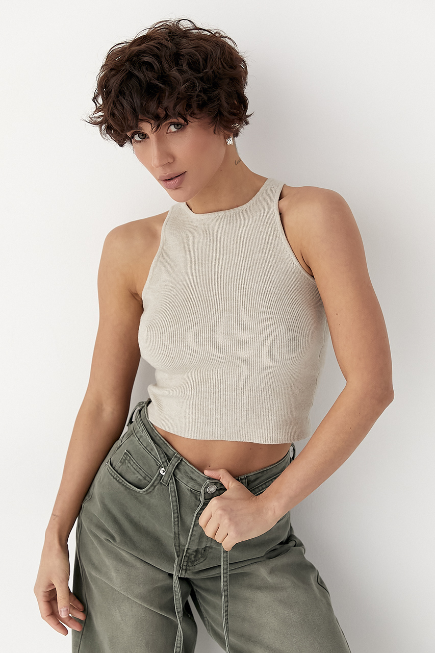 В'язана коротка майка в рубчик - бежевий колір, ONE SIZE 1