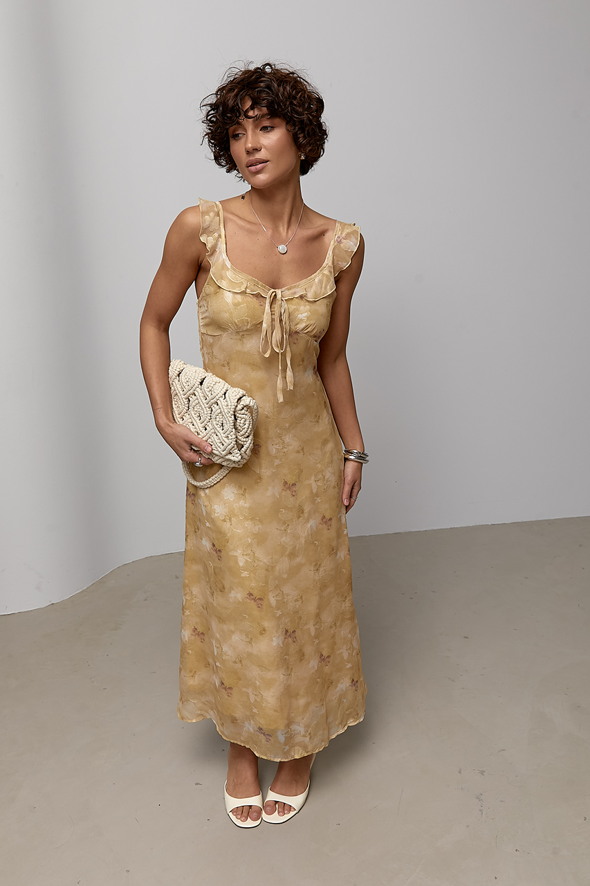 Шифонова квіткова сукня - гірчичний колір, ONE SIZE 1