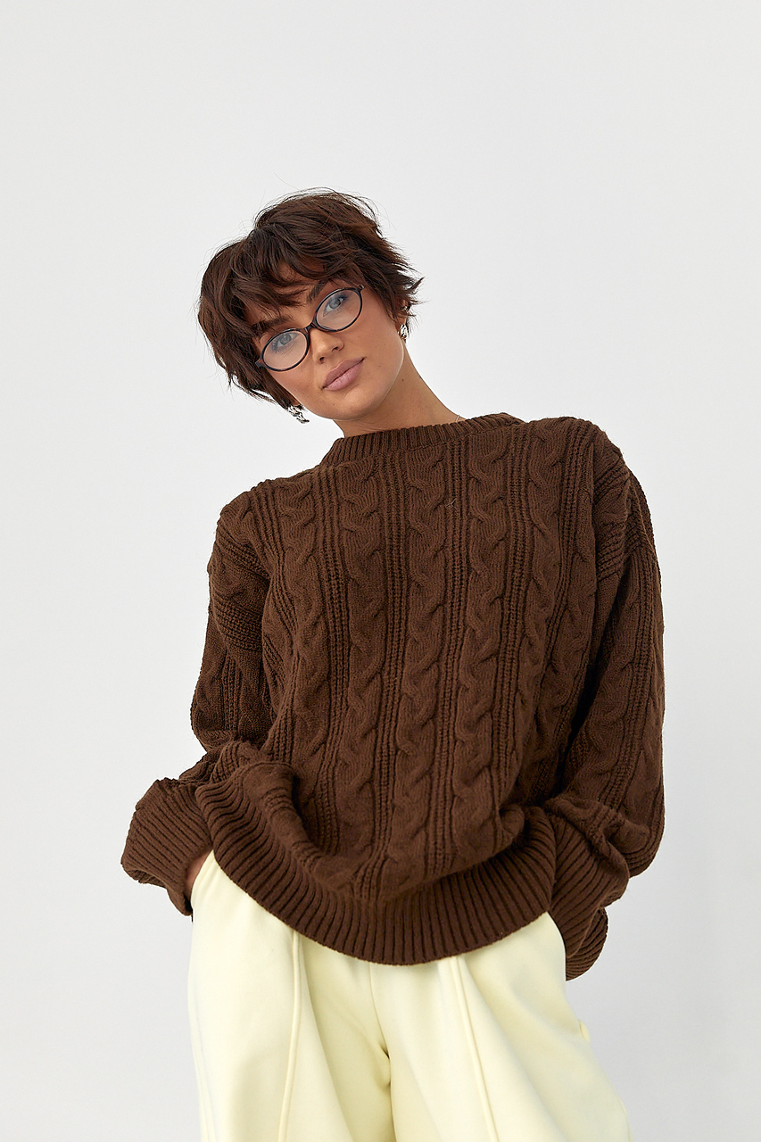 Вільна в'язана кофта в косички - коричневий колір, ONE SIZE 1