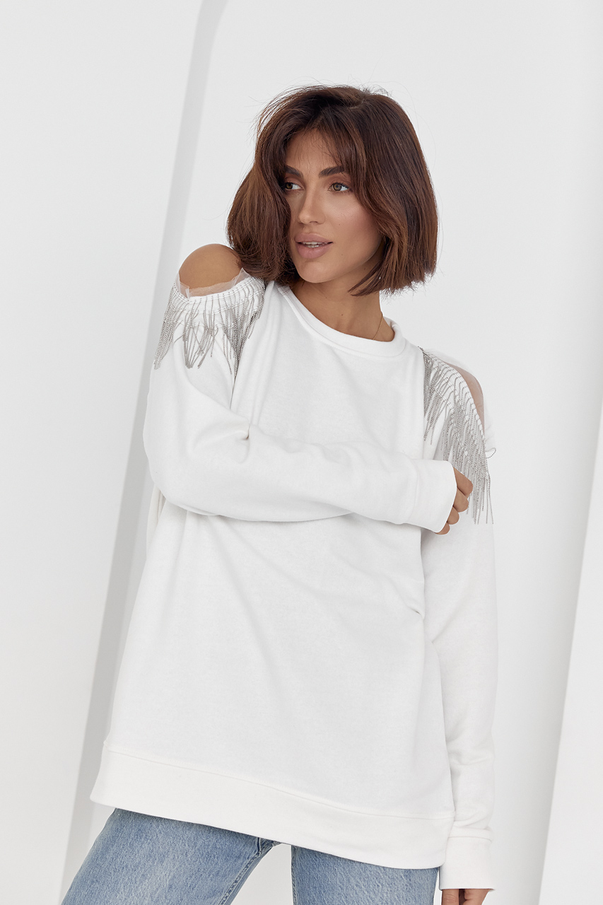 Жіноча кофта oversize з вирізами на плечах - молочний колір, ONE SIZE 2