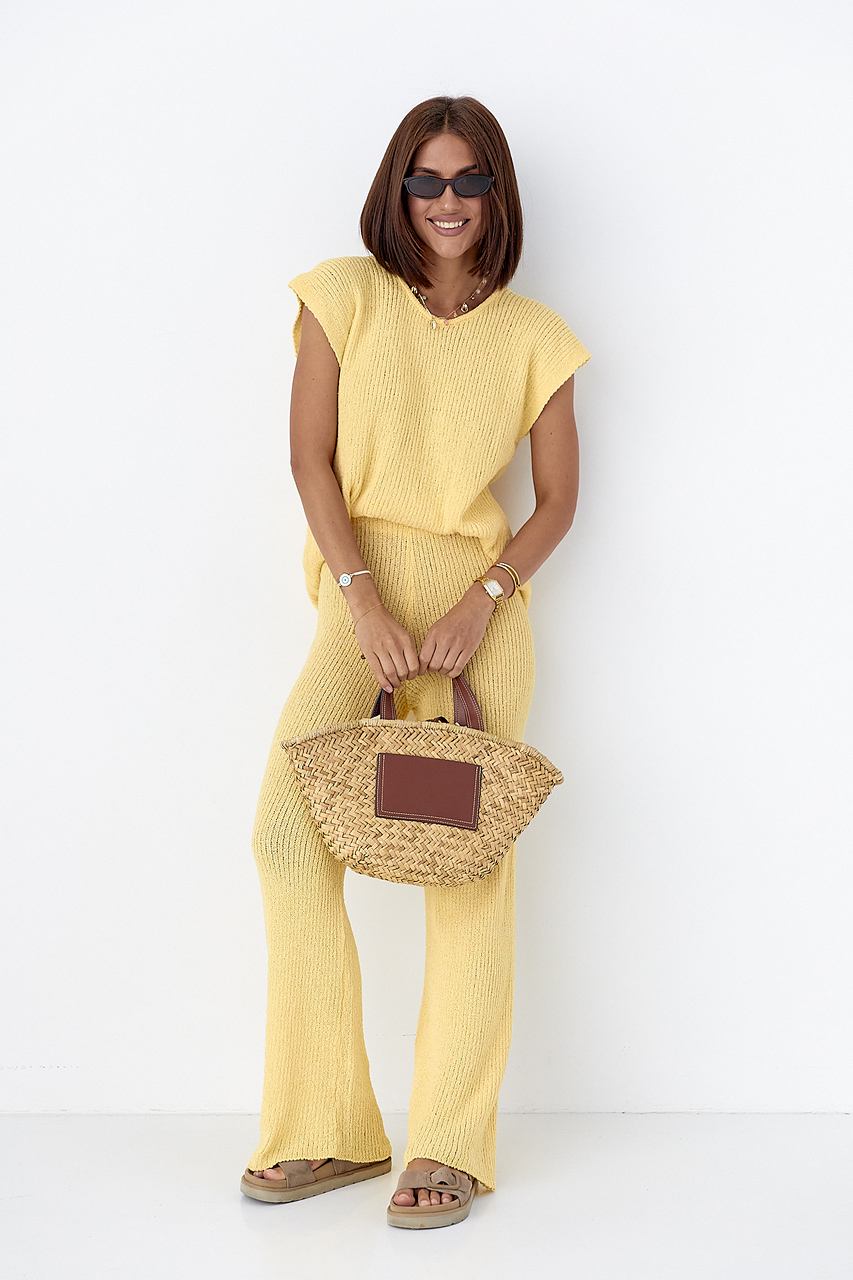 Літній в'язаний костюм із футболкою та штанами - жовтий колір, ONE SIZE 1