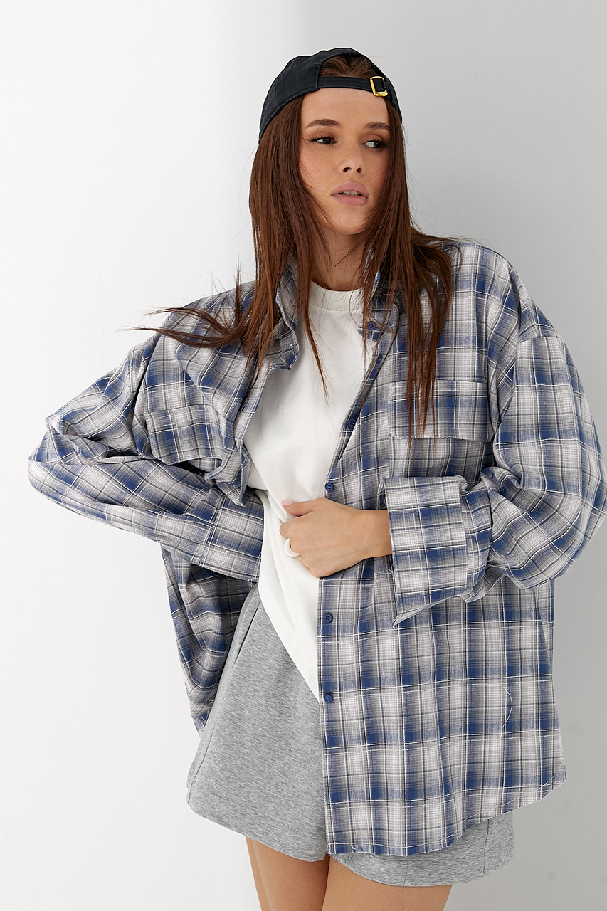 Оверсайз сорочка в клітинку з накладними кишенями - синій колір, ONE SIZE 2
