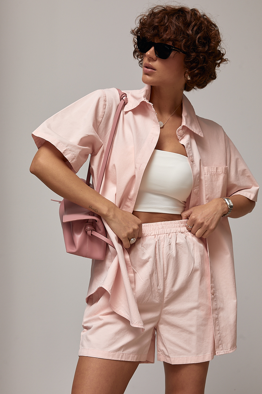 Костюм-двійка з сорочкою oversize та шортами - пудра колір, M 2
