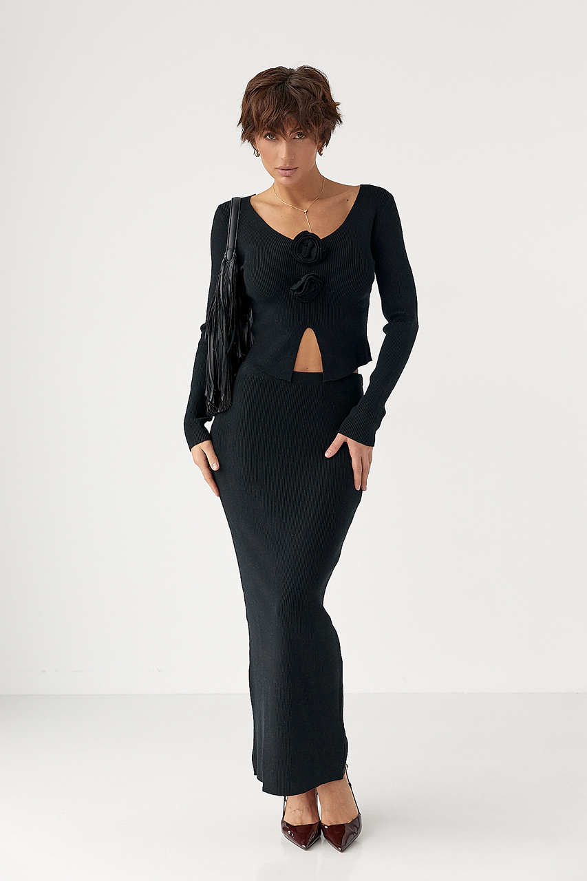 Приталений костюм в рубчик з кофти та спідниці - чорний колір, ONE SIZE 1