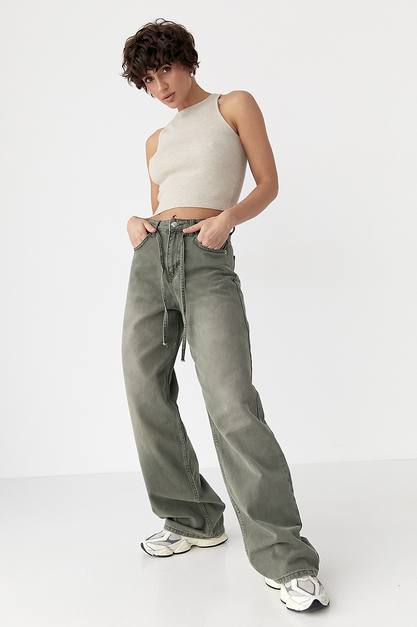В'язана коротка майка в рубчик - бежевий колір, ONE SIZE 3