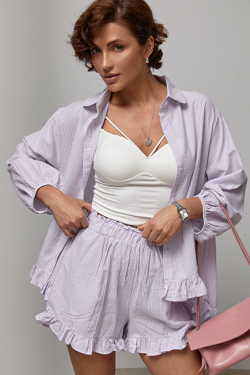 Смугастий костюм з вільної сорочки та шортів - лавандовий колір, ONE SIZE 1