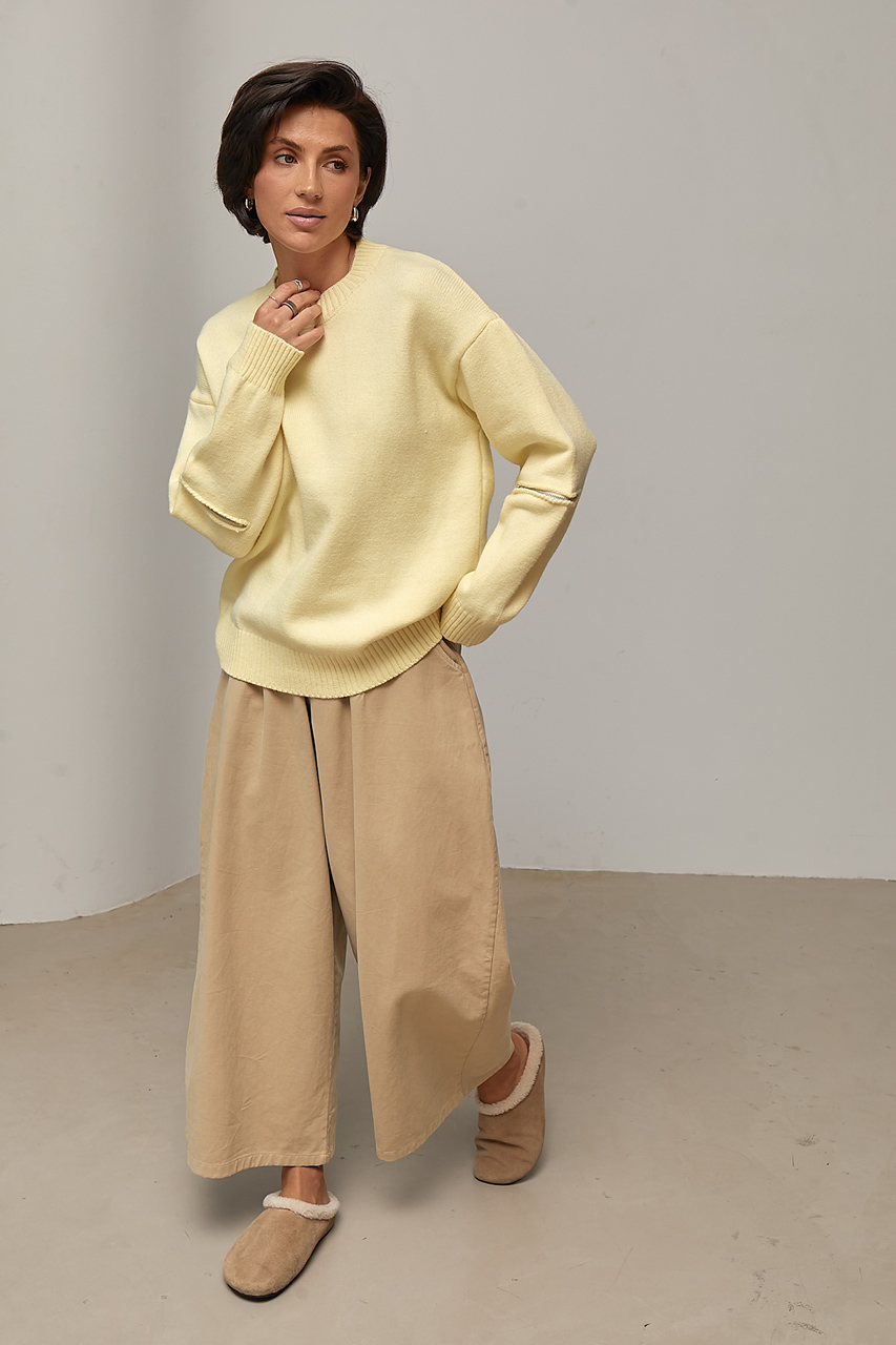 Джемпер oversize з декоративними блискавками на рукавах - жовтий колір, ONE SIZE 3