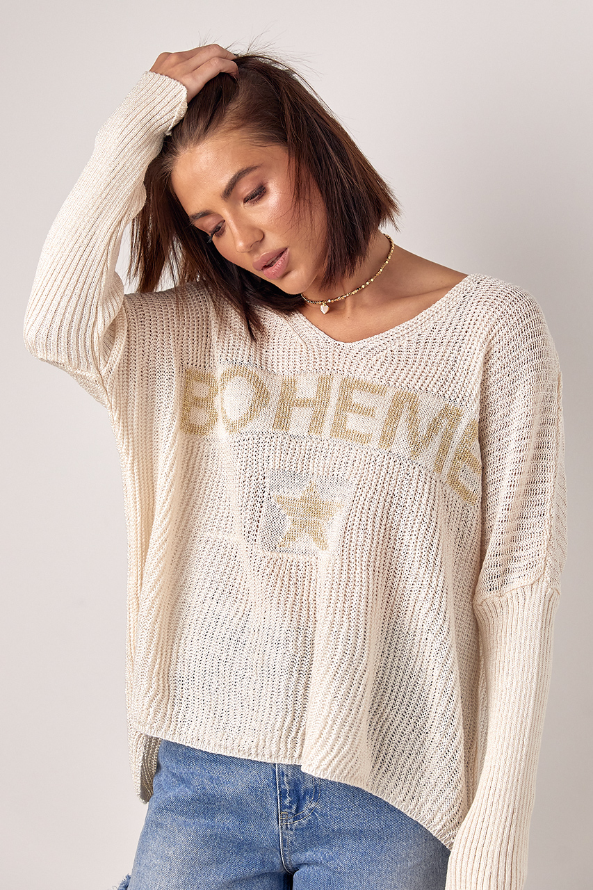 В'язаний жіночий пуловер з написом Boheme - молочний колір, ONE SIZE 2