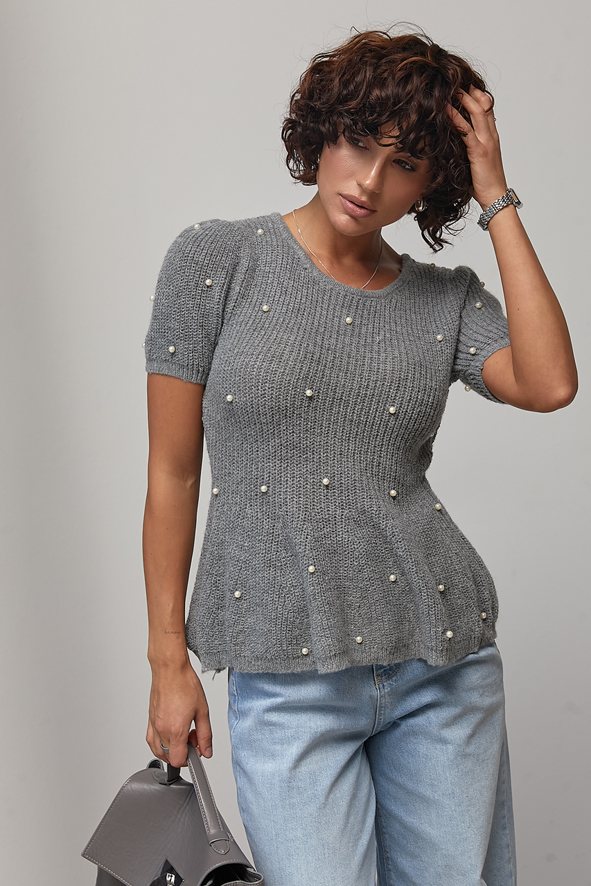 В'язана кофта з баскою та перлинами - сірий колір, ONE SIZE 3