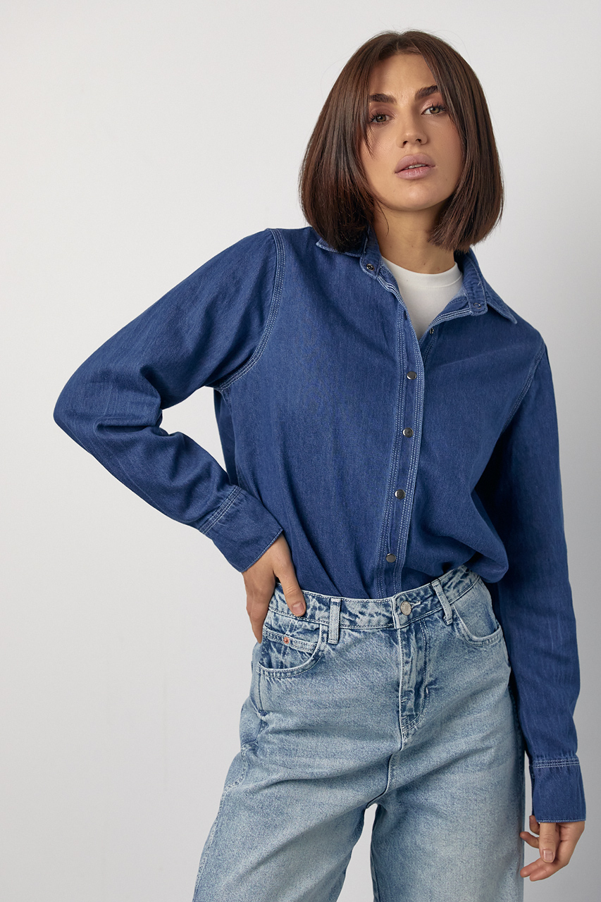 Джинсова жіноча сорочка на металевих кнопках - синій колір, ONE SIZE 1