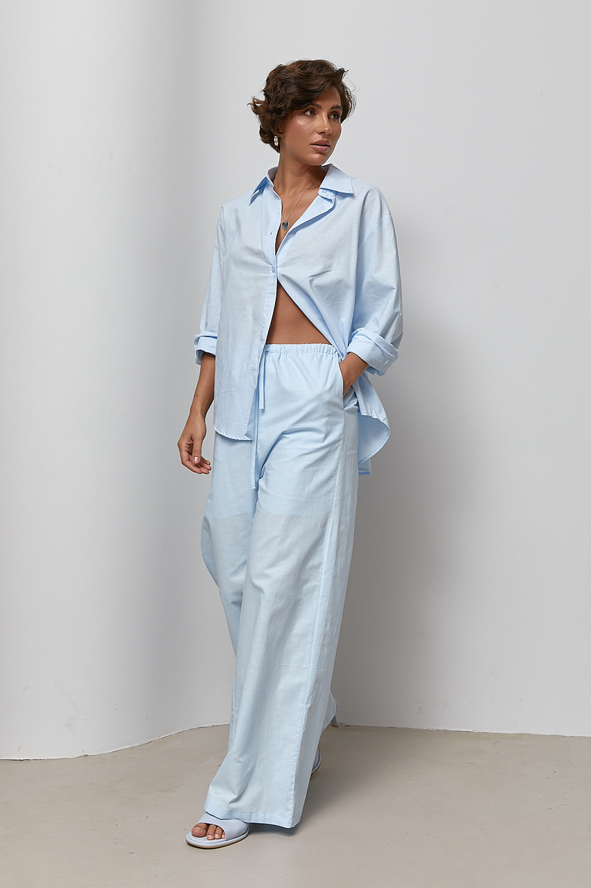 Лляний однотонний костюм із сорочки та штанів - блакитний колір, ONE SIZE 1