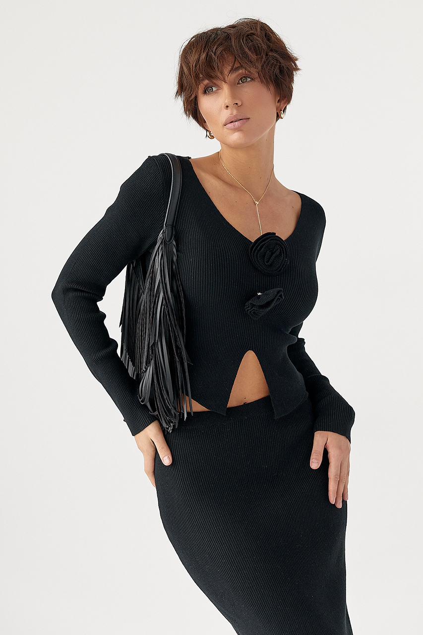 Приталений костюм в рубчик з кофти та спідниці - чорний колір, ONE SIZE 3