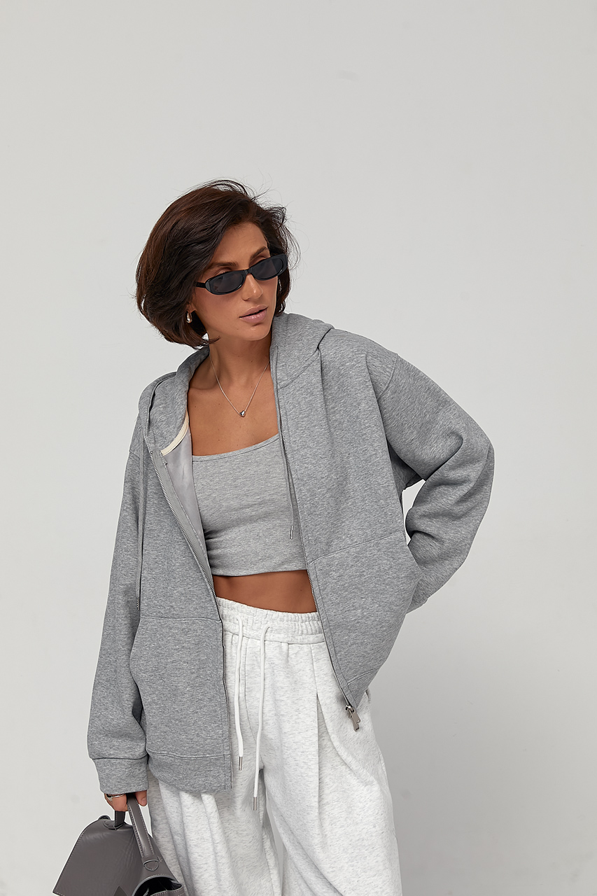 Тепле худі oversize на блискавці з начосом - сірий колір, M/L