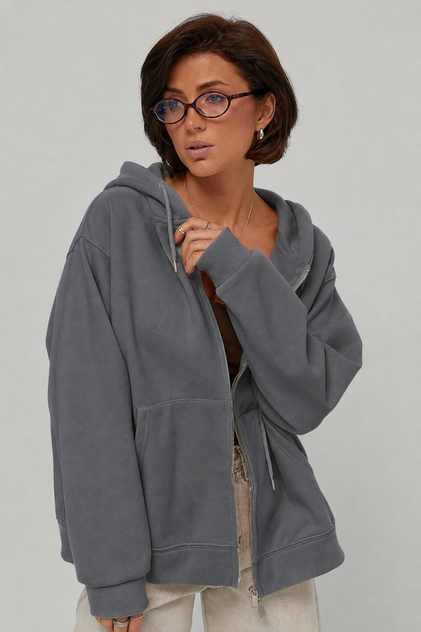 Тепле худі oversize на блискавці з начосом - темно-сірий колір, M/L