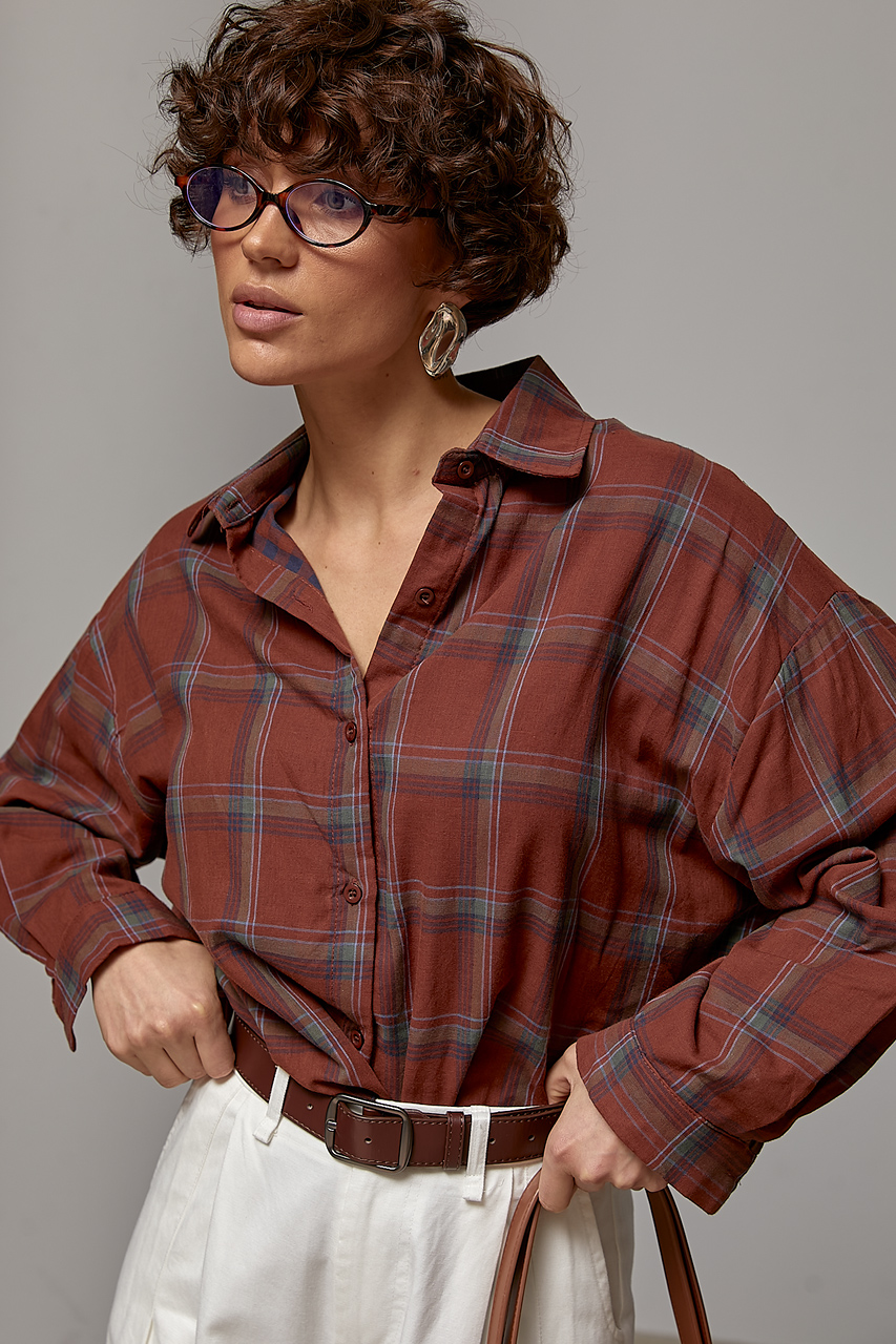 Класична картата сорочка вільного фасону - коричневий колір, ONE SIZE 1