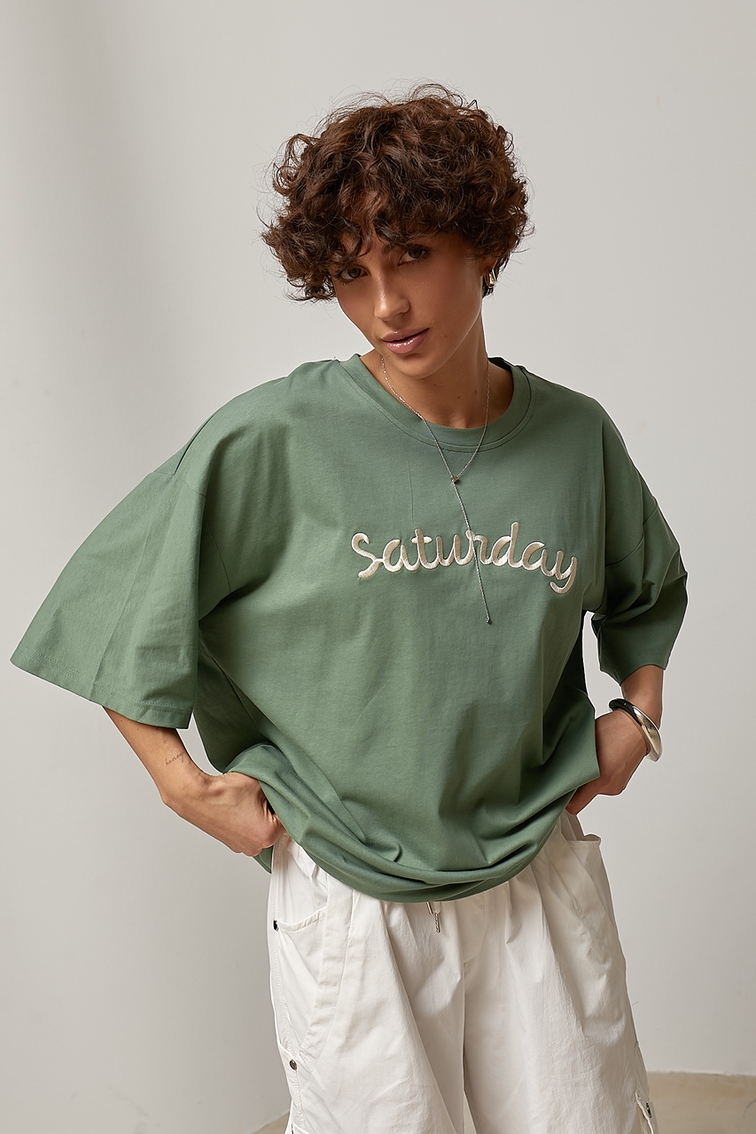 Футболка вільного фасону з написом Saturday - зелений колір, ONE SIZE 1