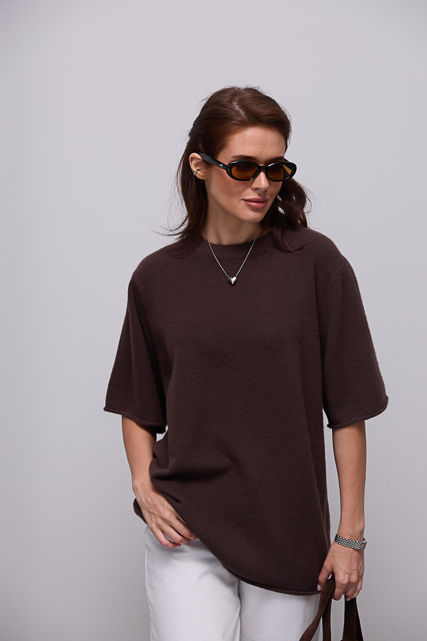 В'язана кофта oversize з коротким рукавом - коричневий колір, ONE SIZE