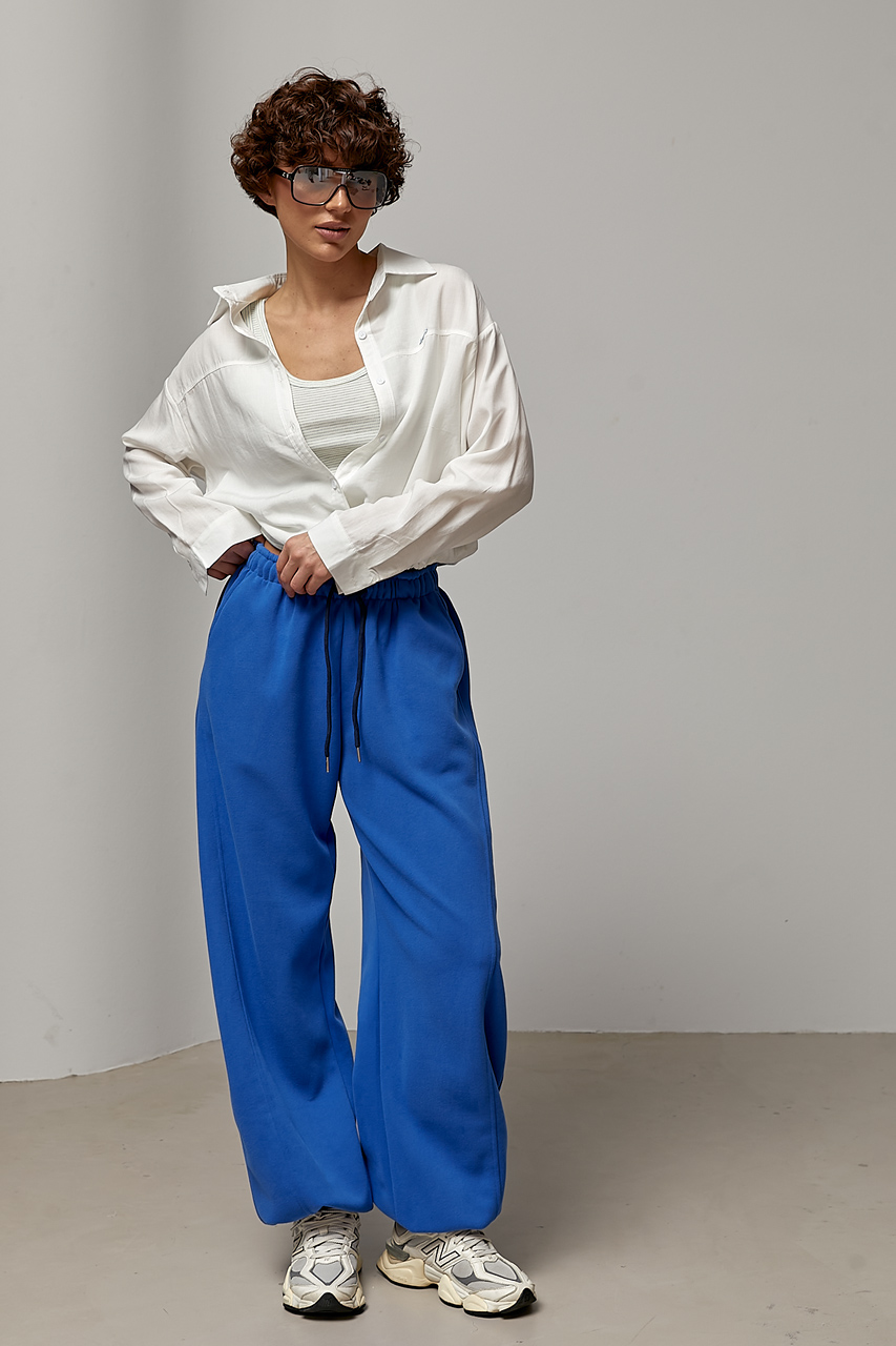 Однотонні спортивні штани із затяжками - синій колір, ONE SIZE 2