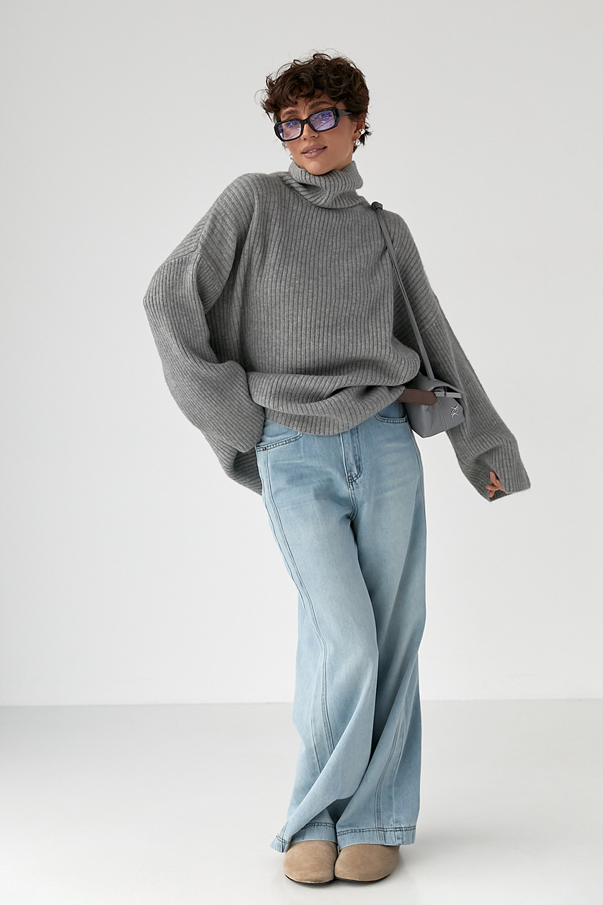 Тепла в'язана туніка в рубчик - сірий колір, ONE SIZE 3