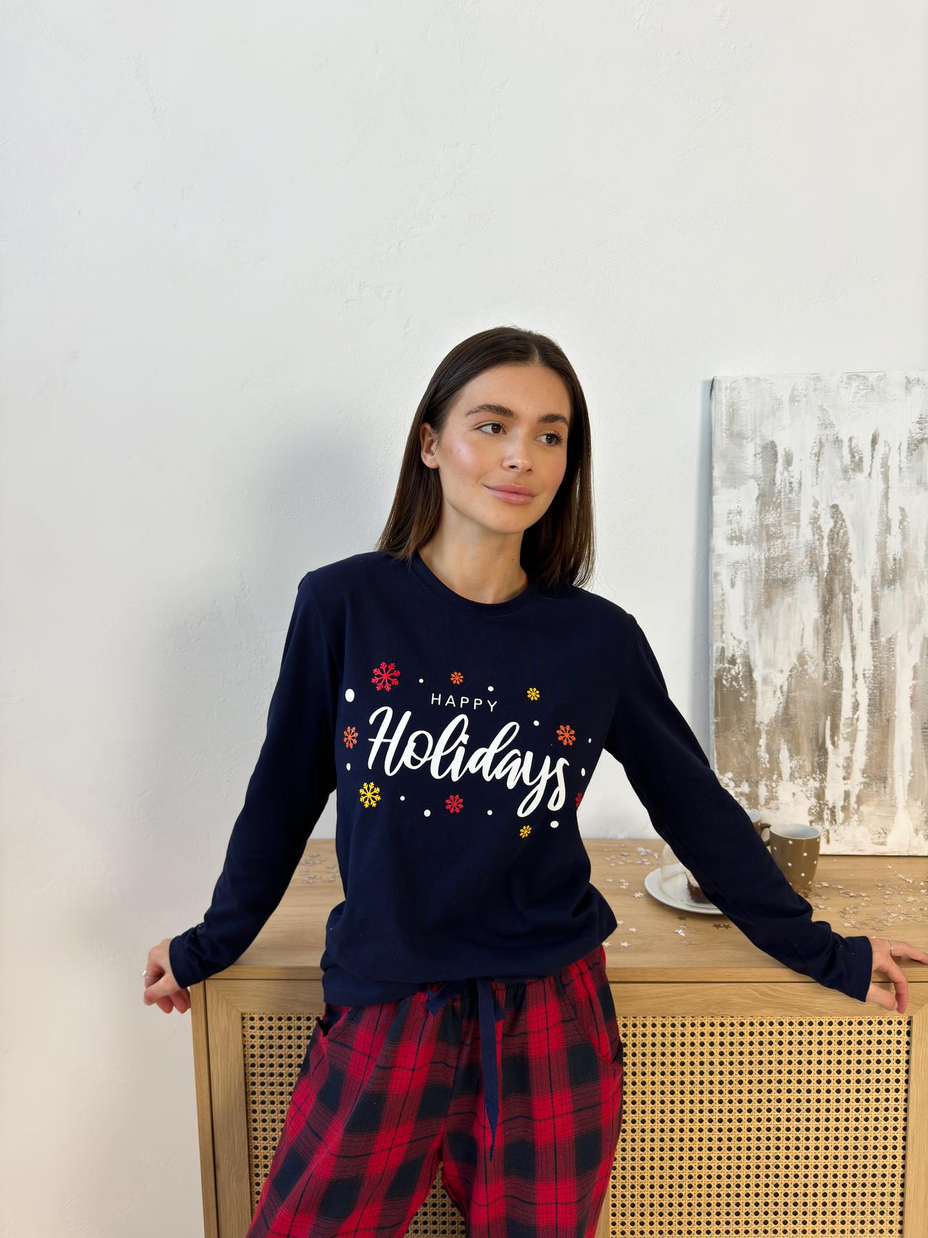 Лонгслів жіночий Happy Holidays, синій 1