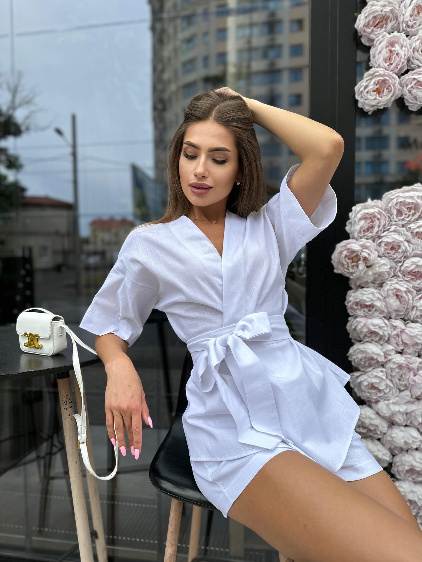 Жіночий лляний костюм Lotos (кімоно та шорти), білий 1